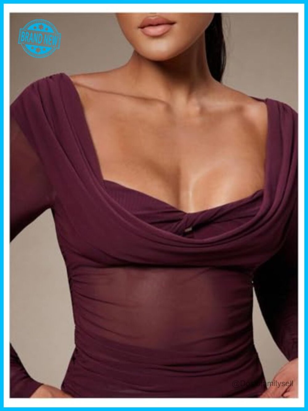 Sheer Mesh Cowl Neck Ruched Long Sleeve Fitted Top - Picture 2 of 5
